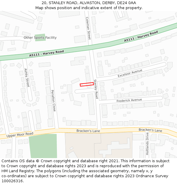 20, STANLEY ROAD, ALVASTON, DERBY, DE24 0AA: Location map and indicative extent of plot