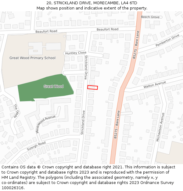20, STRICKLAND DRIVE, MORECAMBE, LA4 6TD: Location map and indicative extent of plot