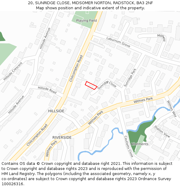 20, SUNRIDGE CLOSE, MIDSOMER NORTON, RADSTOCK, BA3 2NF: Location map and indicative extent of plot