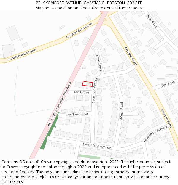 20, SYCAMORE AVENUE, GARSTANG, PRESTON, PR3 1FR: Location map and indicative extent of plot
