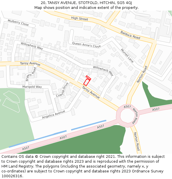 20, TANSY AVENUE, STOTFOLD, HITCHIN, SG5 4GJ: Location map and indicative extent of plot