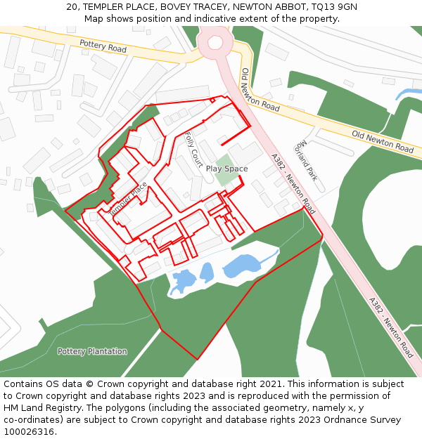 20, TEMPLER PLACE, BOVEY TRACEY, NEWTON ABBOT, TQ13 9GN: Location map and indicative extent of plot