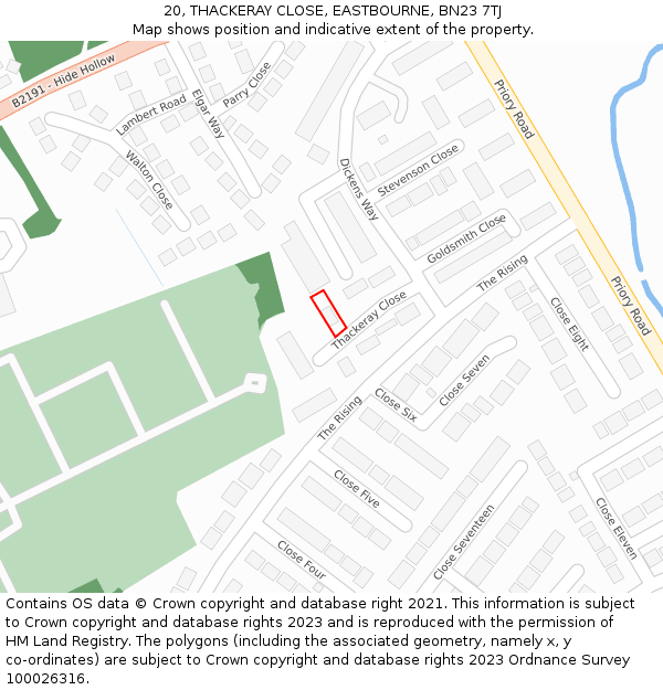 20, THACKERAY CLOSE, EASTBOURNE, BN23 7TJ: Location map and indicative extent of plot
