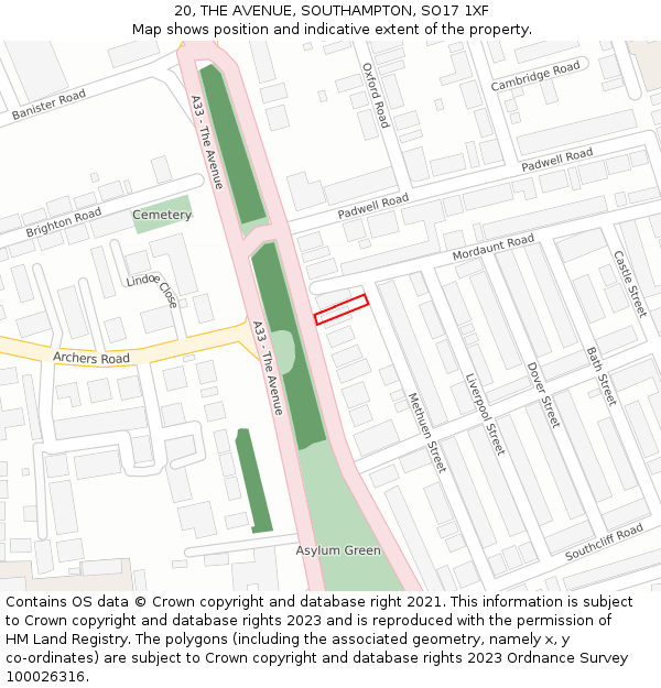 20, THE AVENUE, SOUTHAMPTON, SO17 1XF: Location map and indicative extent of plot