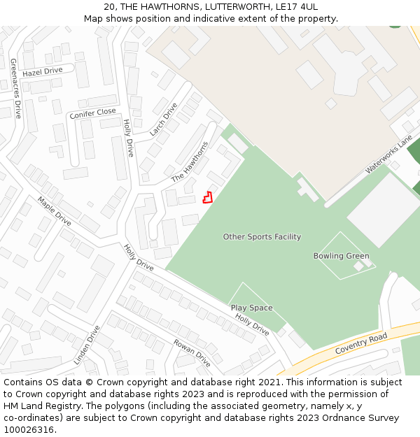 20, THE HAWTHORNS, LUTTERWORTH, LE17 4UL: Location map and indicative extent of plot