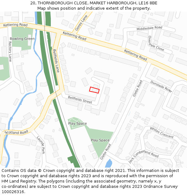 20, THORNBOROUGH CLOSE, MARKET HARBOROUGH, LE16 8BE: Location map and indicative extent of plot