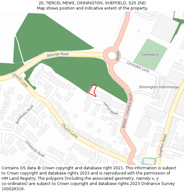 20, TIERCEL MEWS, DINNINGTON, SHEFFIELD, S25 2ND: Location map and indicative extent of plot