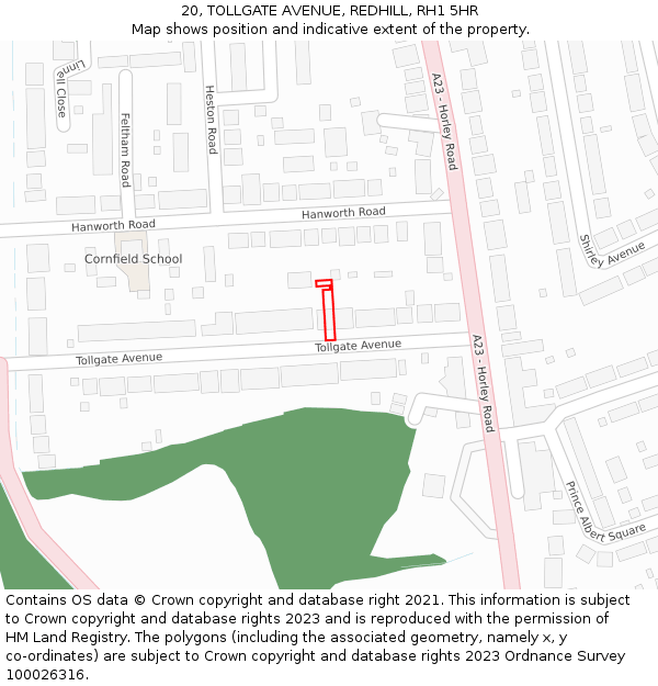 20, TOLLGATE AVENUE, REDHILL, RH1 5HR: Location map and indicative extent of plot