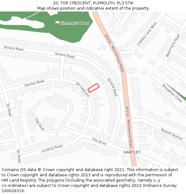 20, TOR CRESCENT, PLYMOUTH, PL3 5TW: Location map and indicative extent of plot