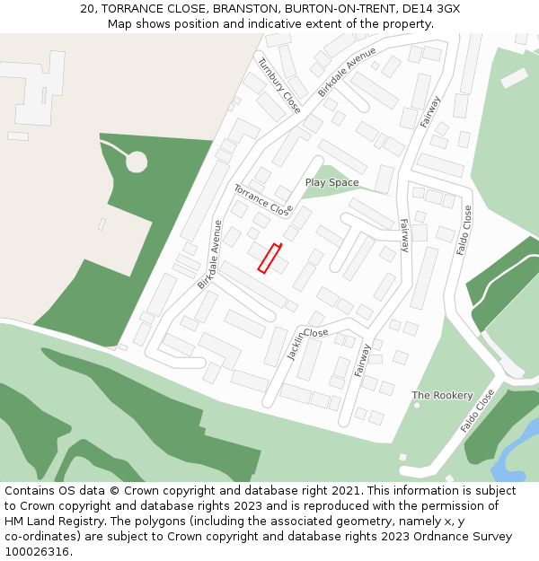 20, TORRANCE CLOSE, BRANSTON, BURTON-ON-TRENT, DE14 3GX: Location map and indicative extent of plot