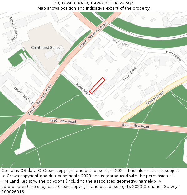 20, TOWER ROAD, TADWORTH, KT20 5QY: Location map and indicative extent of plot