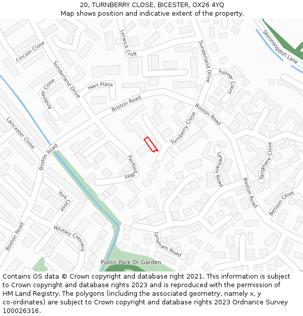 20, TURNBERRY CLOSE, BICESTER, OX26 4YQ: Location map and indicative extent of plot