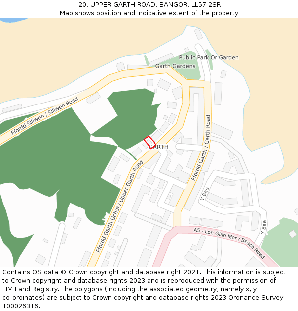 20, UPPER GARTH ROAD, BANGOR, LL57 2SR: Location map and indicative extent of plot