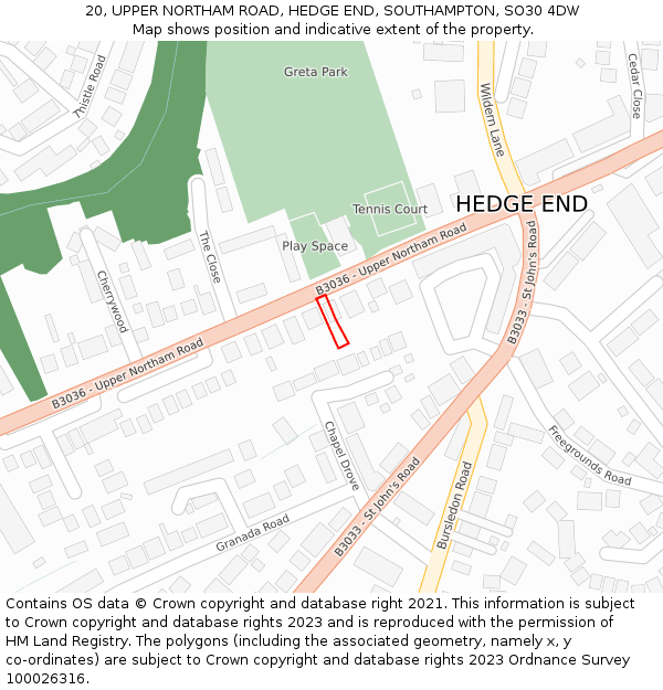 20, UPPER NORTHAM ROAD, HEDGE END, SOUTHAMPTON, SO30 4DW: Location map and indicative extent of plot