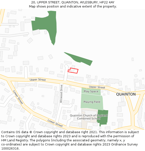 20, UPPER STREET, QUAINTON, AYLESBURY, HP22 4AY: Location map and indicative extent of plot