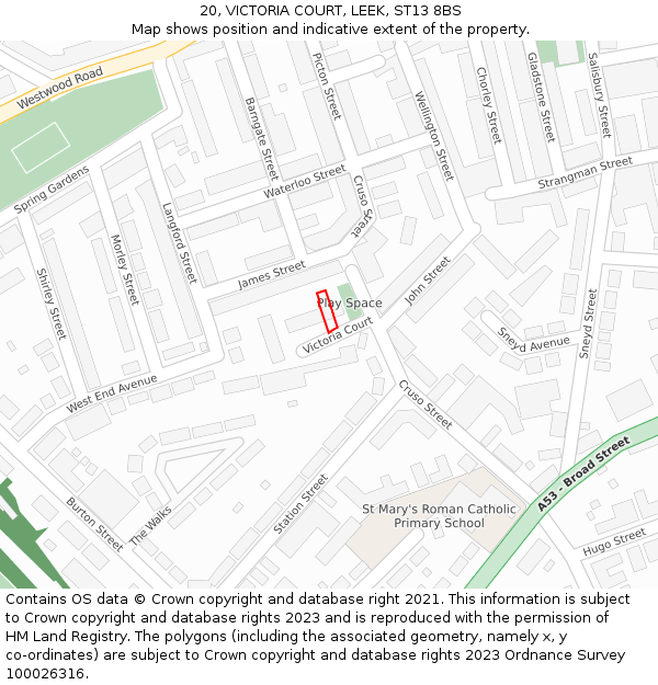 20, VICTORIA COURT, LEEK, ST13 8BS: Location map and indicative extent of plot