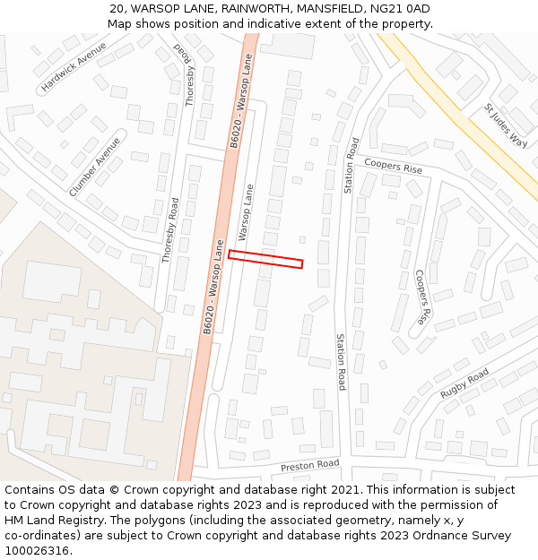20, WARSOP LANE, RAINWORTH, MANSFIELD, NG21 0AD: Location map and indicative extent of plot