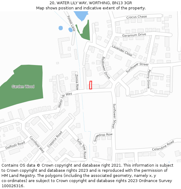 20, WATER LILY WAY, WORTHING, BN13 3GR: Location map and indicative extent of plot