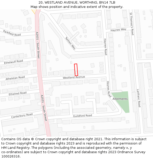 20, WESTLAND AVENUE, WORTHING, BN14 7LB: Location map and indicative extent of plot
