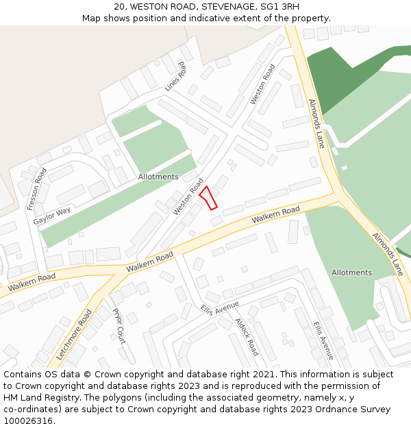 20, WESTON ROAD, STEVENAGE, SG1 3RH: Location map and indicative extent of plot