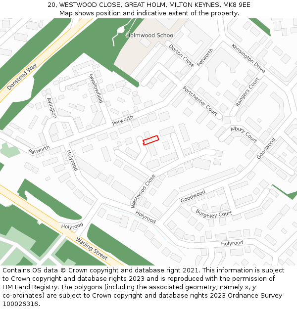 20, WESTWOOD CLOSE, GREAT HOLM, MILTON KEYNES, MK8 9EE: Location map and indicative extent of plot