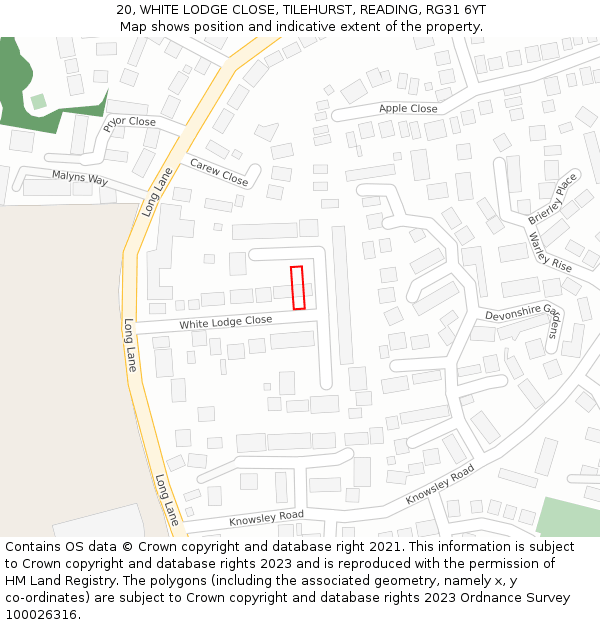 20, WHITE LODGE CLOSE, TILEHURST, READING, RG31 6YT: Location map and indicative extent of plot