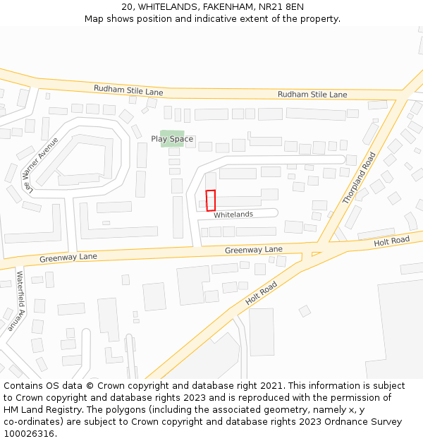 20, WHITELANDS, FAKENHAM, NR21 8EN: Location map and indicative extent of plot