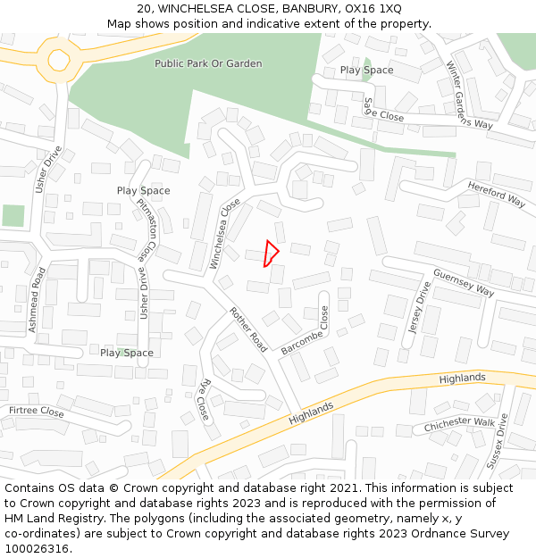 20, WINCHELSEA CLOSE, BANBURY, OX16 1XQ: Location map and indicative extent of plot