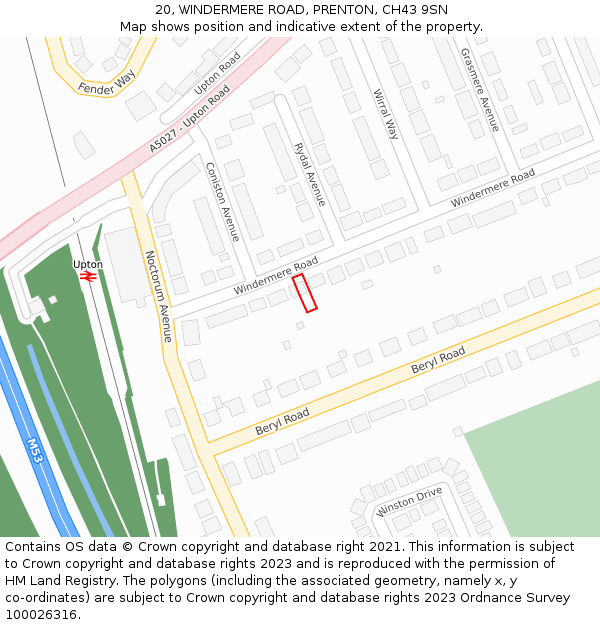 20, WINDERMERE ROAD, PRENTON, CH43 9SN: Location map and indicative extent of plot