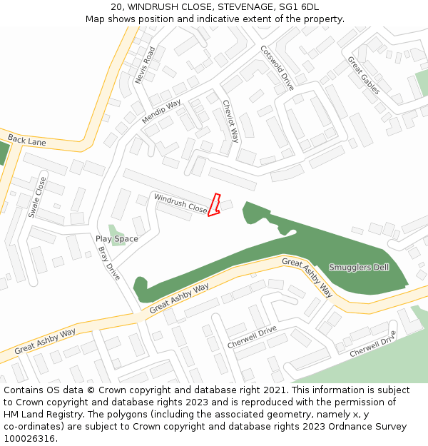 20, WINDRUSH CLOSE, STEVENAGE, SG1 6DL: Location map and indicative extent of plot
