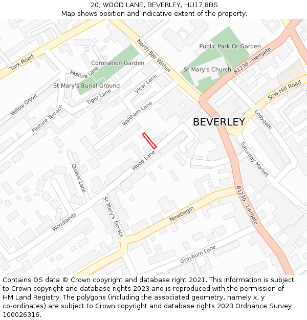 20, WOOD LANE, BEVERLEY, HU17 8BS: Location map and indicative extent of plot