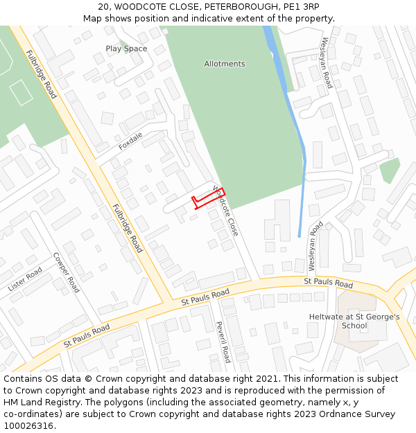 20, WOODCOTE CLOSE, PETERBOROUGH, PE1 3RP: Location map and indicative extent of plot