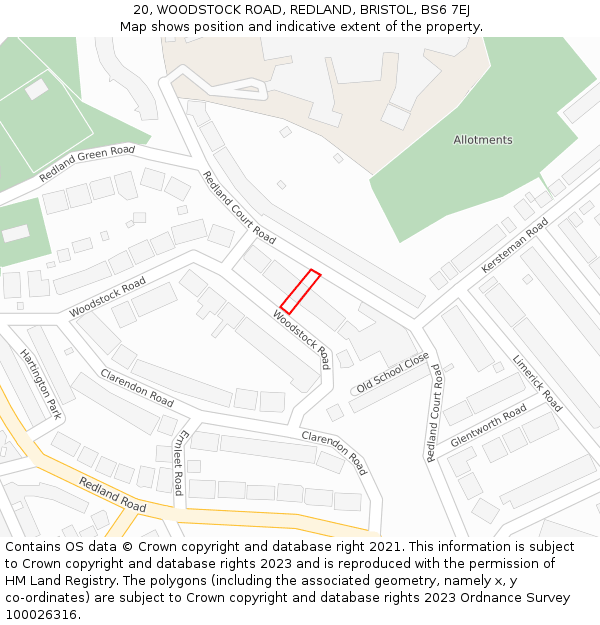 20, WOODSTOCK ROAD, REDLAND, BRISTOL, BS6 7EJ: Location map and indicative extent of plot
