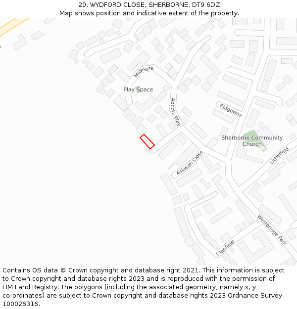 20, WYDFORD CLOSE, SHERBORNE, DT9 6DZ: Location map and indicative extent of plot