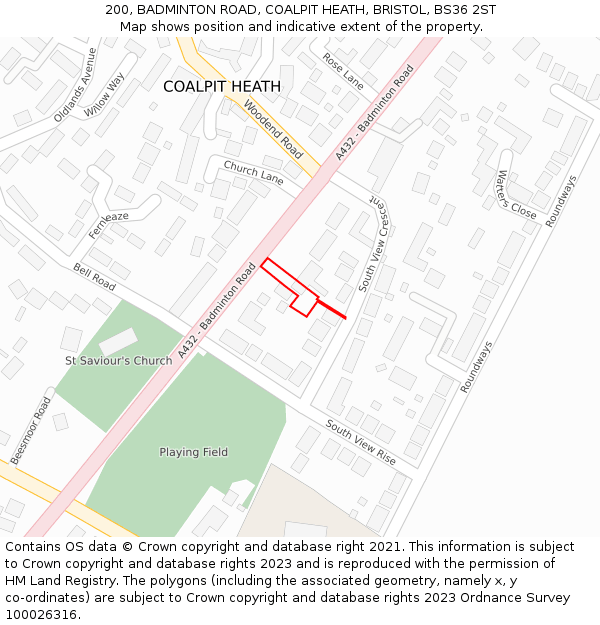 200, BADMINTON ROAD, COALPIT HEATH, BRISTOL, BS36 2ST: Location map and indicative extent of plot