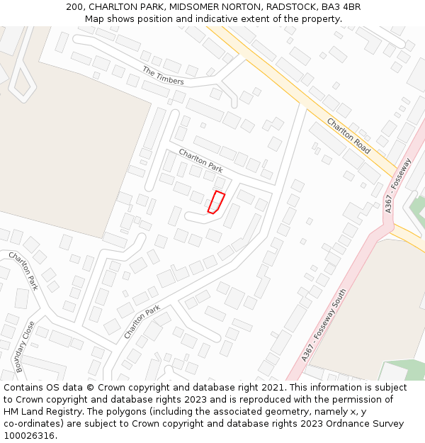 200, CHARLTON PARK, MIDSOMER NORTON, RADSTOCK, BA3 4BR: Location map and indicative extent of plot