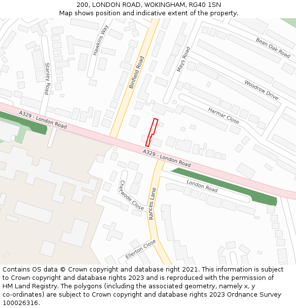 200, LONDON ROAD, WOKINGHAM, RG40 1SN: Location map and indicative extent of plot