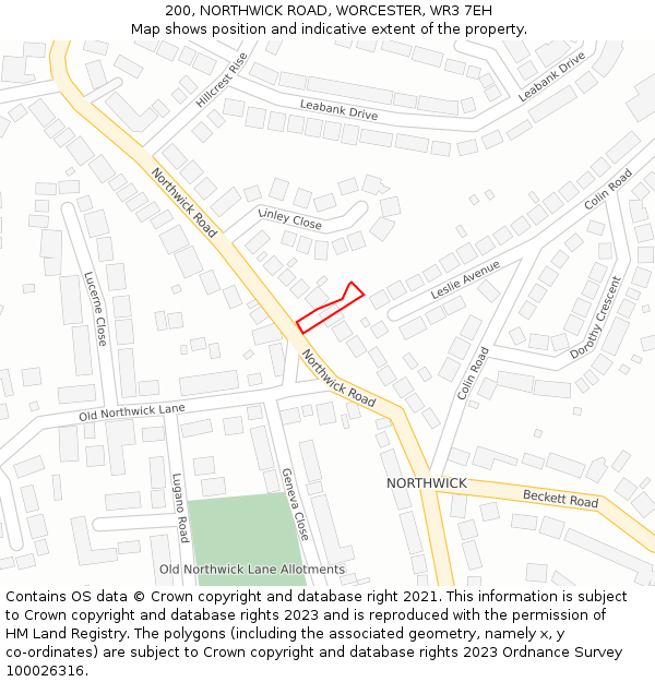 200, NORTHWICK ROAD, WORCESTER, WR3 7EH: Location map and indicative extent of plot