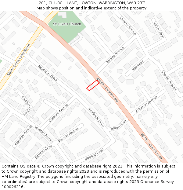 201, CHURCH LANE, LOWTON, WARRINGTON, WA3 2RZ: Location map and indicative extent of plot