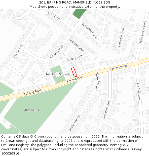 201, EAKRING ROAD, MANSFIELD, NG18 3DS: Location map and indicative extent of plot