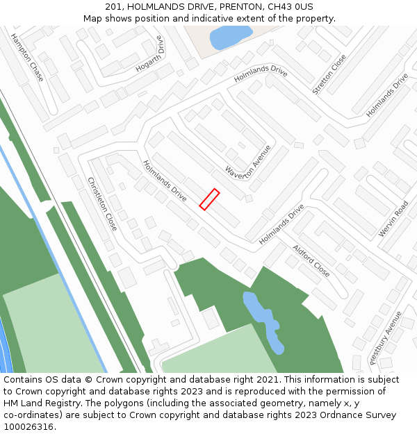 201, HOLMLANDS DRIVE, PRENTON, CH43 0US: Location map and indicative extent of plot