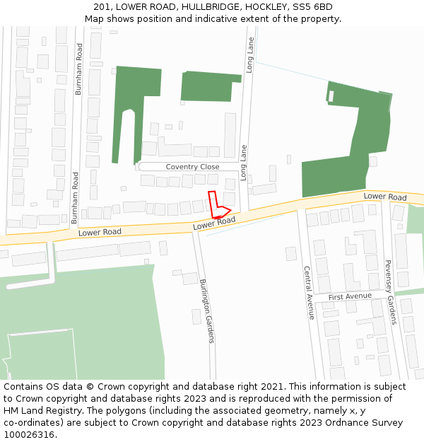 201, LOWER ROAD, HULLBRIDGE, HOCKLEY, SS5 6BD: Location map and indicative extent of plot