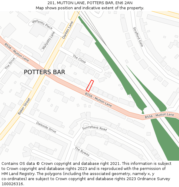 201, MUTTON LANE, POTTERS BAR, EN6 2AN: Location map and indicative extent of plot