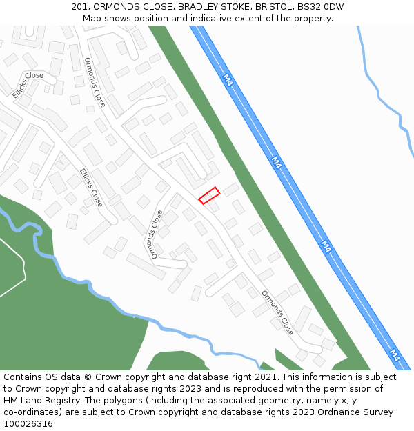 201, ORMONDS CLOSE, BRADLEY STOKE, BRISTOL, BS32 0DW: Location map and indicative extent of plot