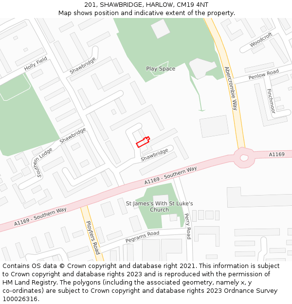 201, SHAWBRIDGE, HARLOW, CM19 4NT: Location map and indicative extent of plot