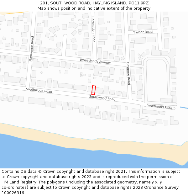 201, SOUTHWOOD ROAD, HAYLING ISLAND, PO11 9PZ: Location map and indicative extent of plot