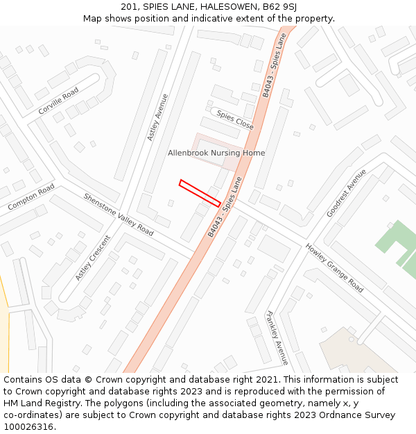 201, SPIES LANE, HALESOWEN, B62 9SJ: Location map and indicative extent of plot
