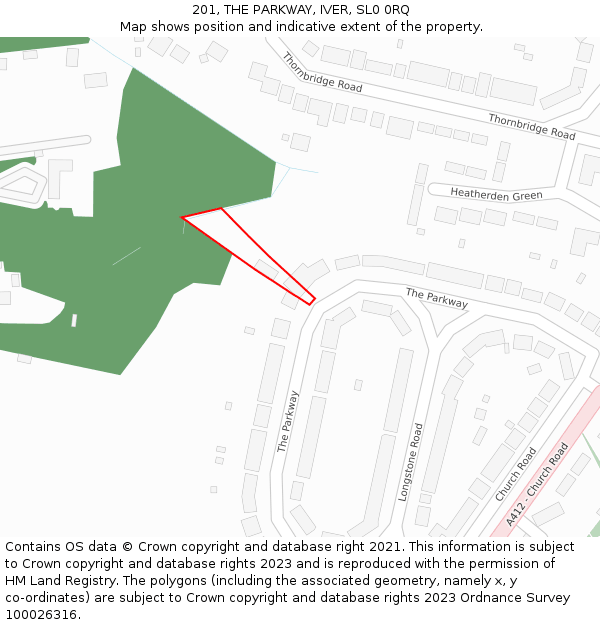201, THE PARKWAY, IVER, SL0 0RQ: Location map and indicative extent of plot