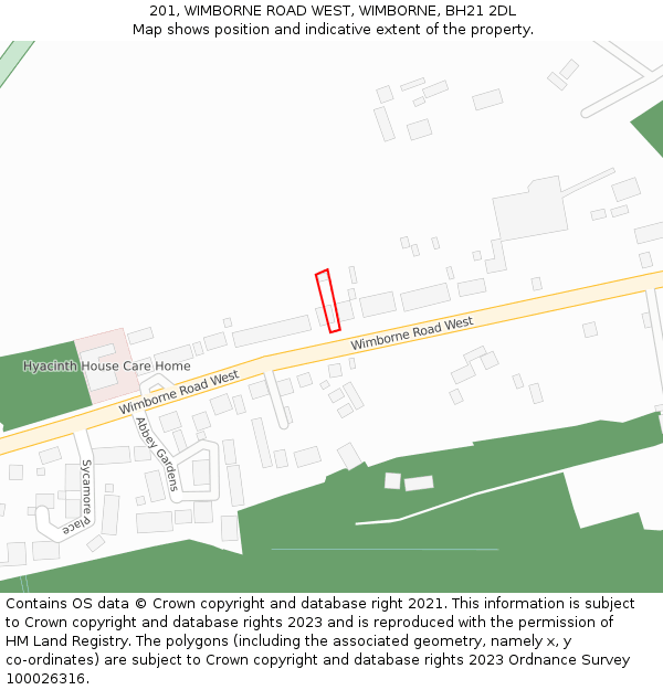 201, WIMBORNE ROAD WEST, WIMBORNE, BH21 2DL: Location map and indicative extent of plot