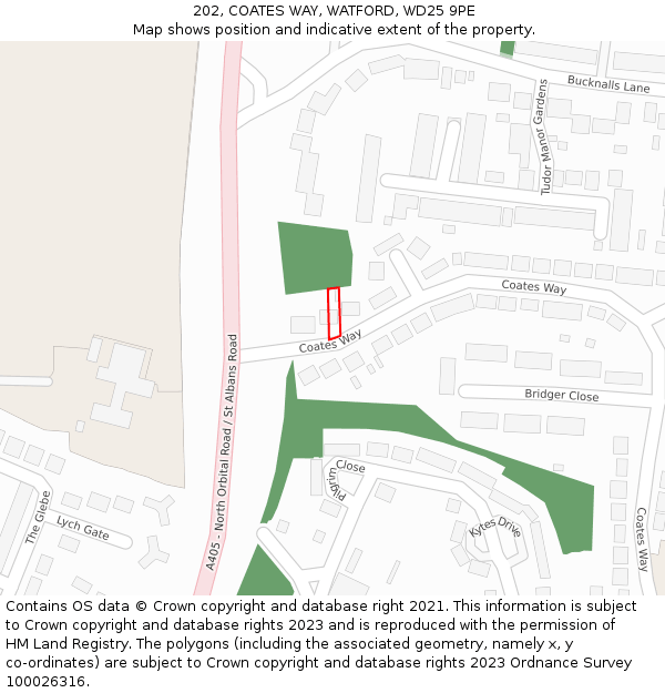 202, COATES WAY, WATFORD, WD25 9PE: Location map and indicative extent of plot